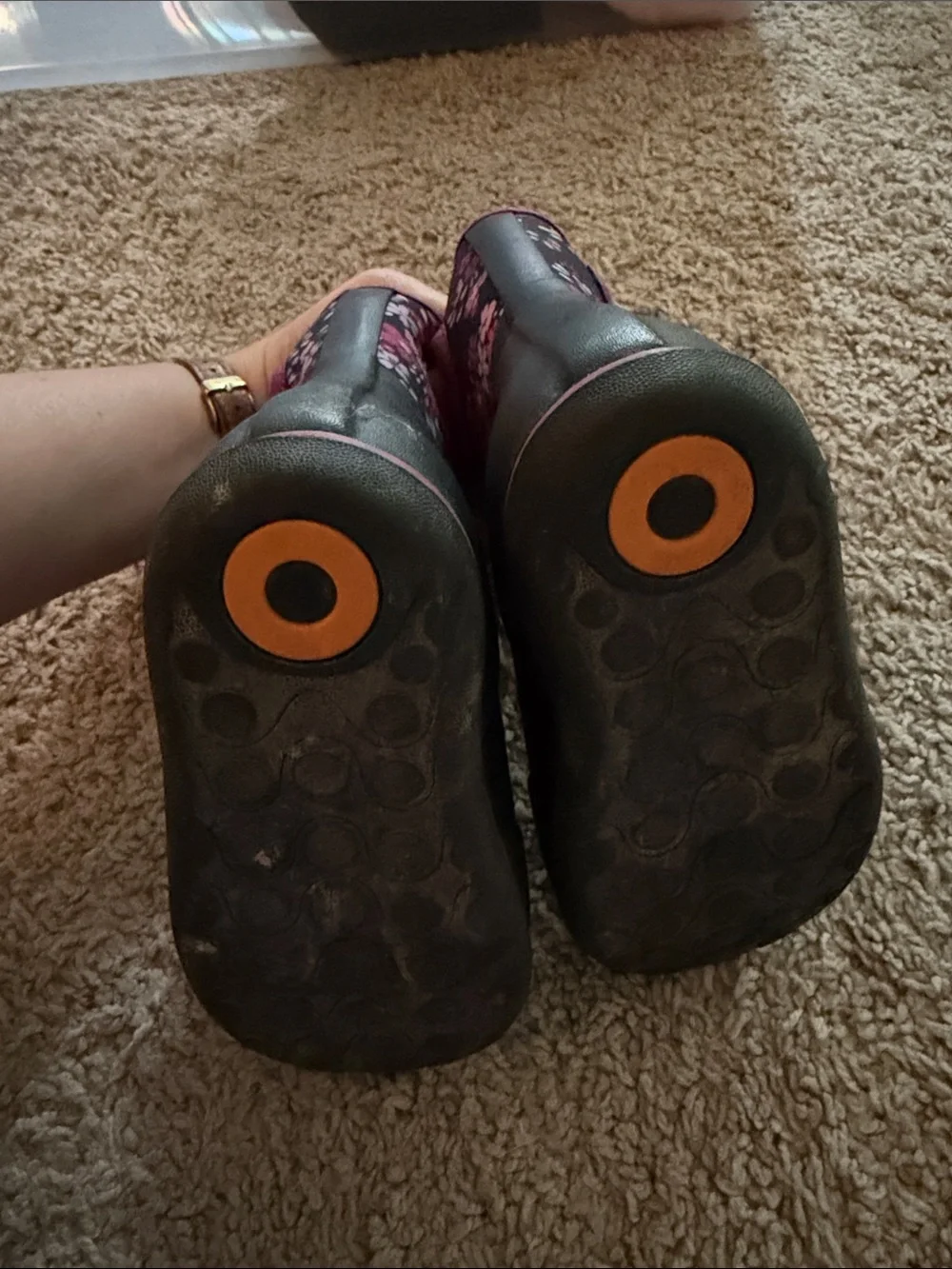 Bogs Kids Black Rain Boots with Purple Floral Shaft
